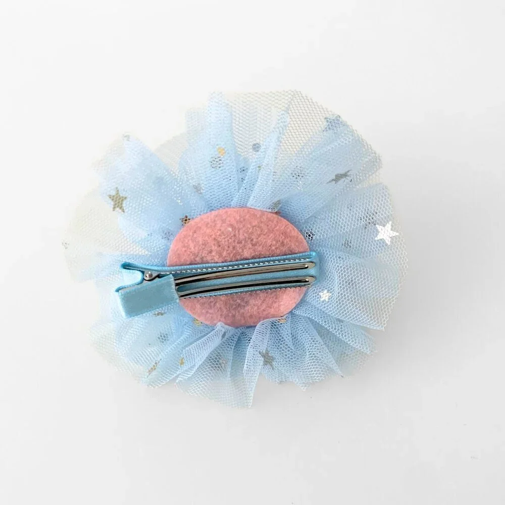 NWT Cute Princess Happy Birthday Hat Girls Hair Clip Blue & Gold Glitter Tulle